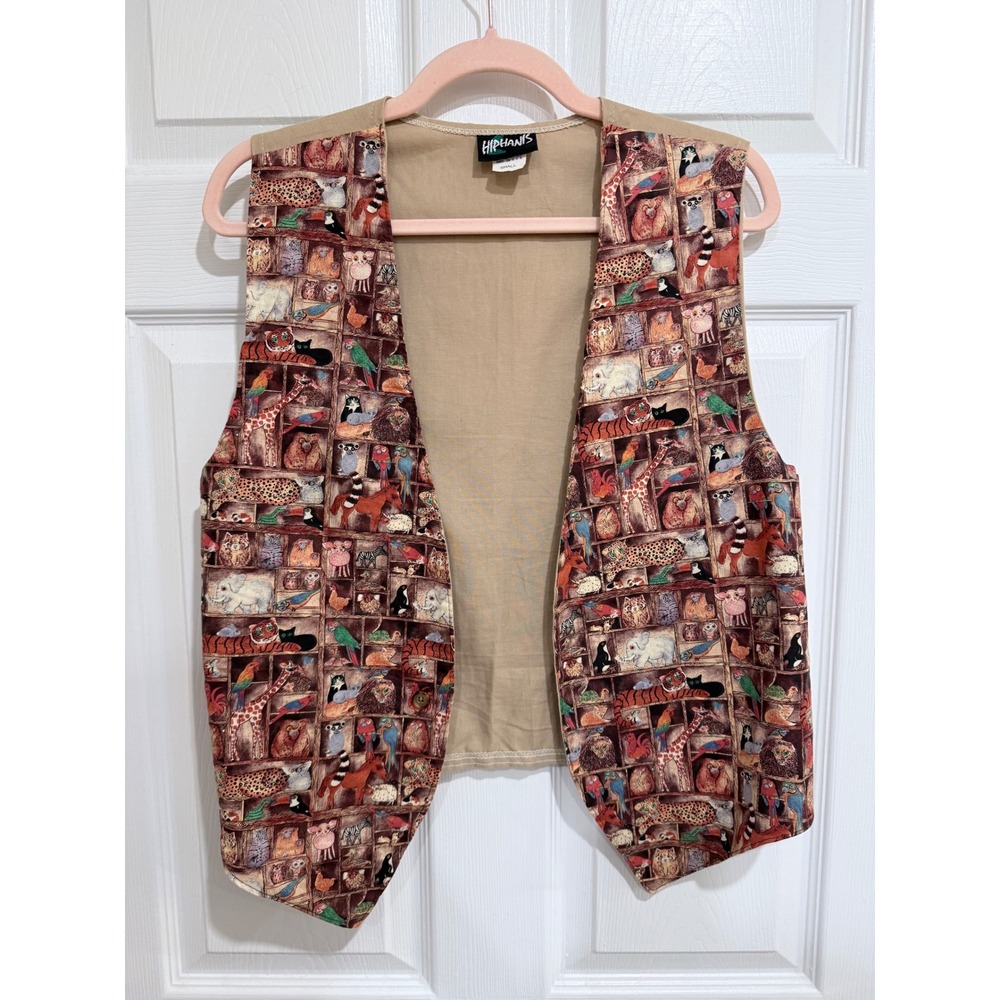 Vintage 90s Hiphanis Zoo Animal Print Vest Cotton Tan Multi Color Small USA Made